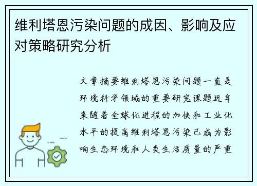 维利塔恩污染问题的成因、影响及应对策略研究分析